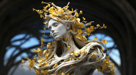 a statue of a woman with gold leavesの素材