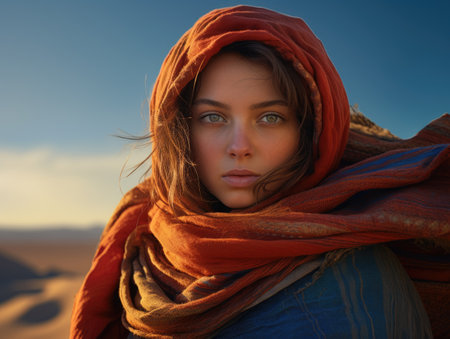 a woman with a scarf around her headの素材