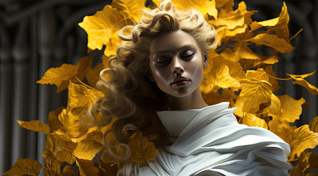a woman with long curly hair and yellow leavesの素材