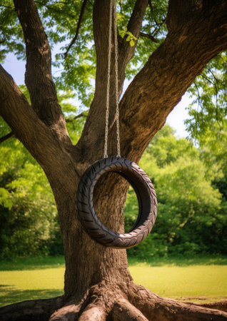 a tire swing from a treeの素材