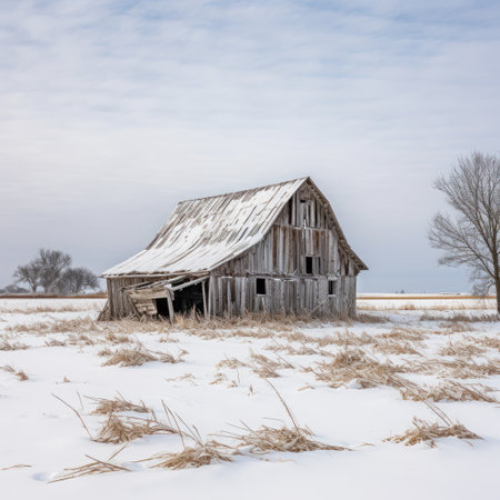 a barn in a snowy fieldの素材