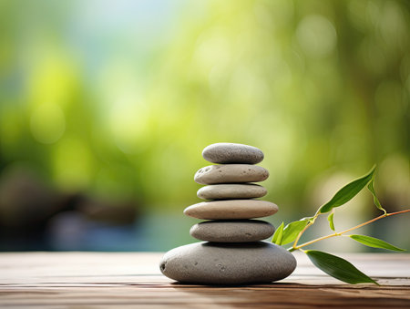 a stack of rocks with a leaf on topの素材