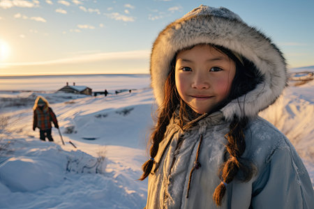 a girl in a fur hood in a snowy landscapeの素材