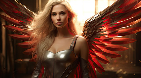 a woman with long blonde hair wearing a silver outfit with red wingsの素材