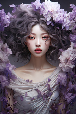 a woman with purple hair surrounded by purple flowersの素材