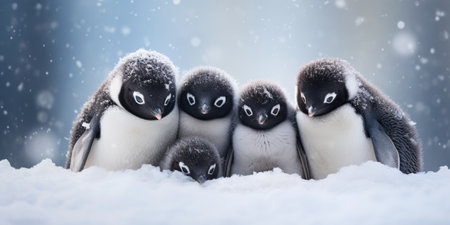a group of penguins in the snowの素材
