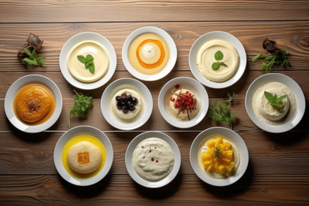 a group of white plates with different types of dessertsの素材