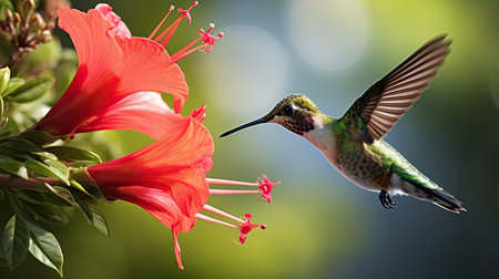 a hummingbird next to a flowerの素材