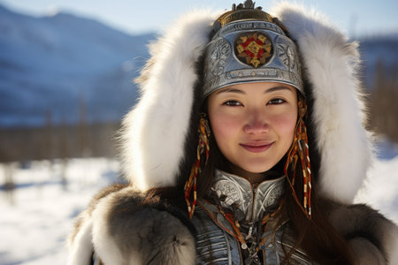 a woman in a fur hat and fur coatの素材