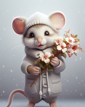 a cartoon mouse holding flowersの素材