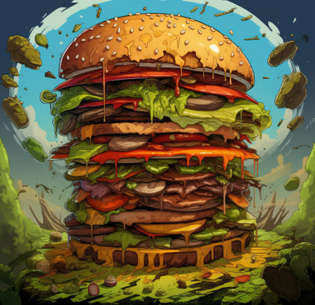 a large hamburger with many layers of cheeseburgerの素材