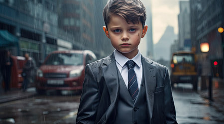 a boy in a suit in the rainの素材