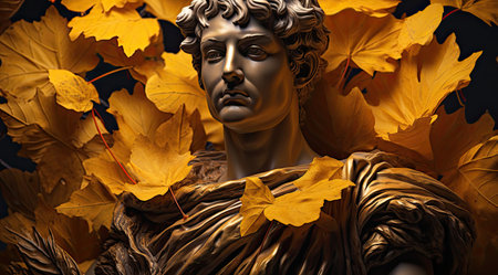 a statue of a man surrounded by leavesの素材