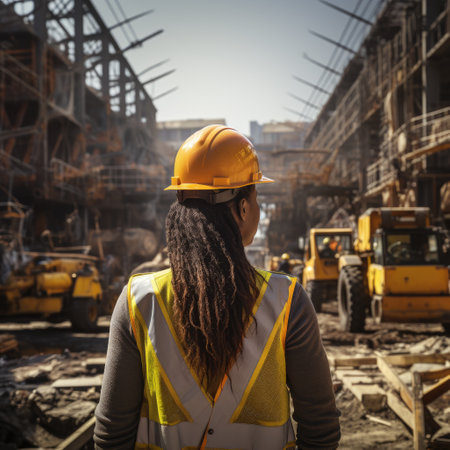 a woman wearing a hard hat and yellow vestの素材