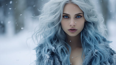 a woman with blue hair and blue eyesの素材