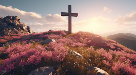 a cross on a hill with pink flowersの素材