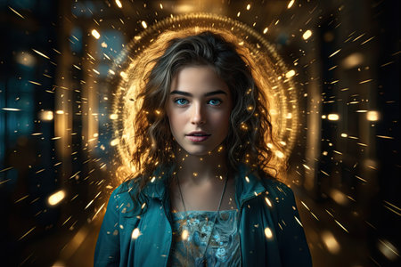 a woman with curly hair and a glowing circle of sparklesの素材