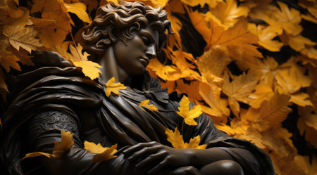 a statue of a man in a robe surrounded by leavesの素材