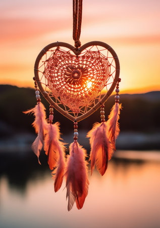 a heart shaped dream catcher with feathers from a stringの素材