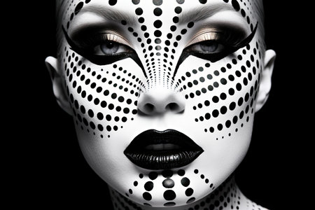 Close-up portrait of a beautiful woman with black and white make-up.の素材