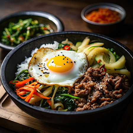 a bowl of food with a fried egg and vegetablesの素材