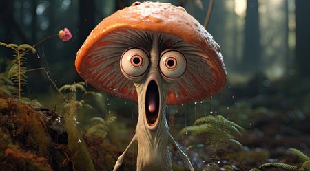 a cartoon mushroom with big eyes and a large orange mushroomの素材