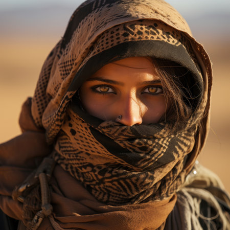a woman with a scarf around her headの素材