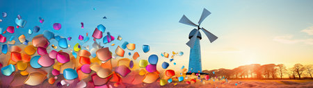 a windmill in the field with colorful objects flying aroundの素材
