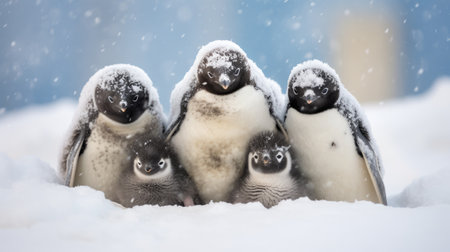 a group of penguins in the snowの素材