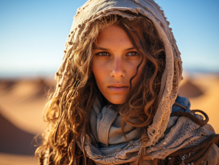 a woman with a scarf around her headの素材