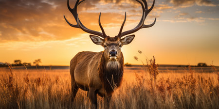 a deer with large antlers standing in a fieldの素材
