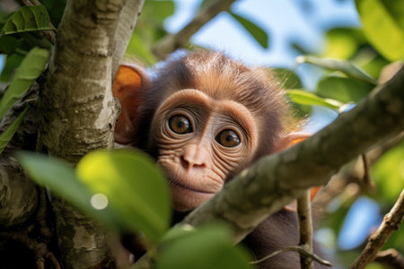 a baby monkey peeking out of a treeの素材