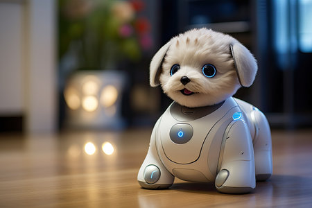 a white toy dog on a wood surfaceの素材