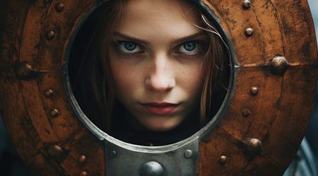 a woman looking through a round metal objectの素材