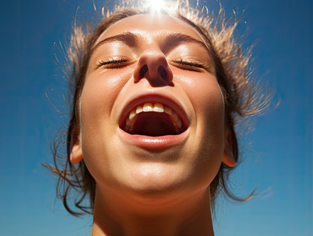 a woman with her eyes closed and mouth openの素材