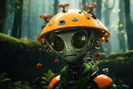 a robot with a mushroom hatの素材