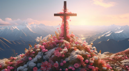 a cross on a mountain with flowersの素材