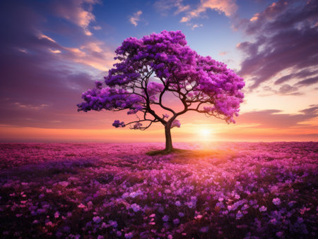 a tree in a field of purple flowersの素材