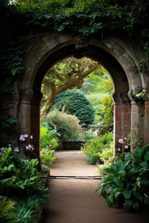 a stone archway with a path leading to a gardenの素材