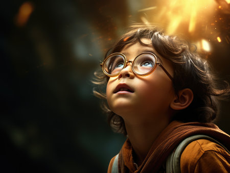 a child looking up with a bright light behind himの素材