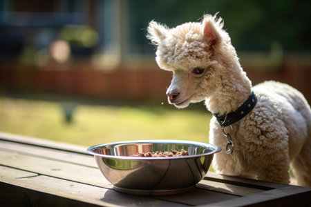 a white animal eating from a bowlの素材
