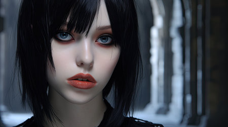 a woman with black hair and red lipstickの素材