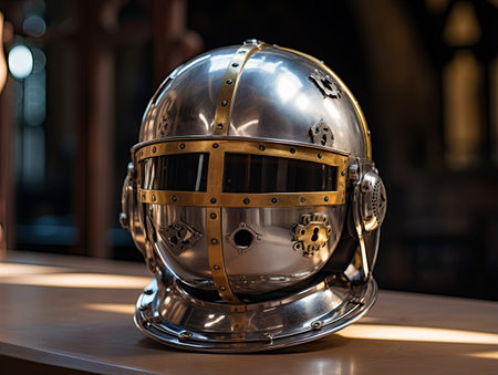 a metal helmet with gold trimの素材
