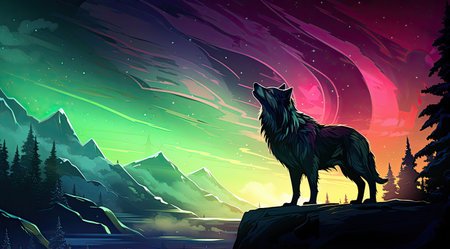 a wolf standing on a rock looking at the northern lightsの素材