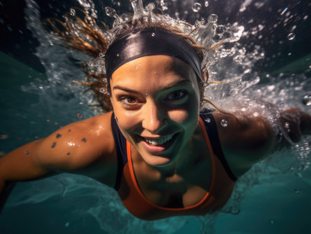 a woman swimming in waterの素材