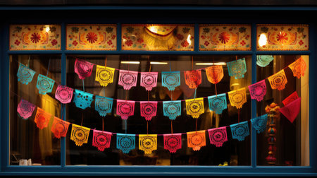 a colorful paper garlands in a windowの素材