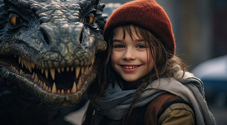 a girl smiling next to a dinosaurの素材