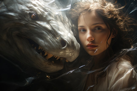 a woman next to a dinosaurの素材