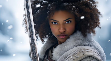 a woman with curly hair and a swordの素材