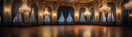a room with chandeliers and curtainsの素材